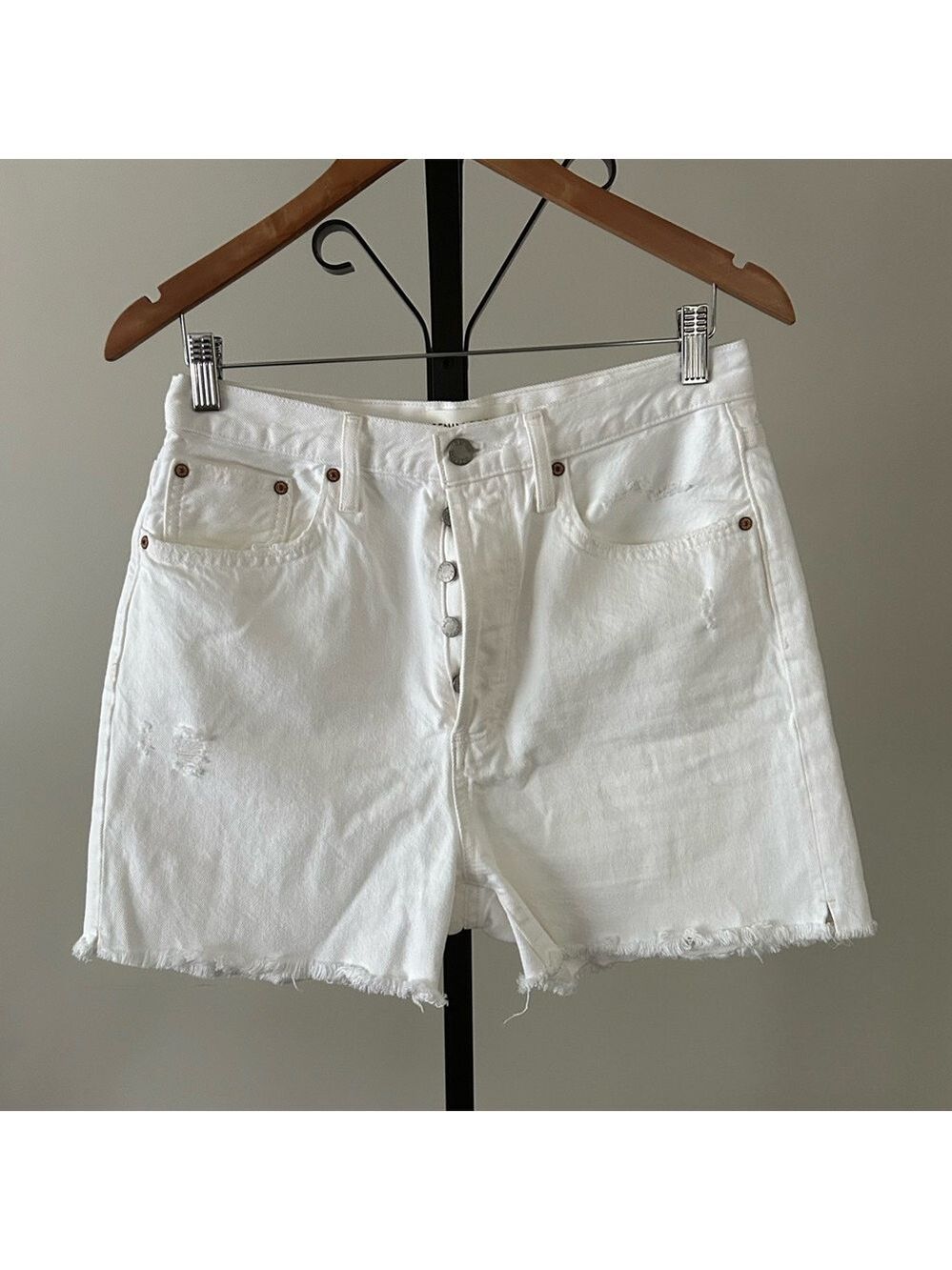 Denim Forum The Yoko Mid Thigh High-Rise White Denim Shorts, Size 29.